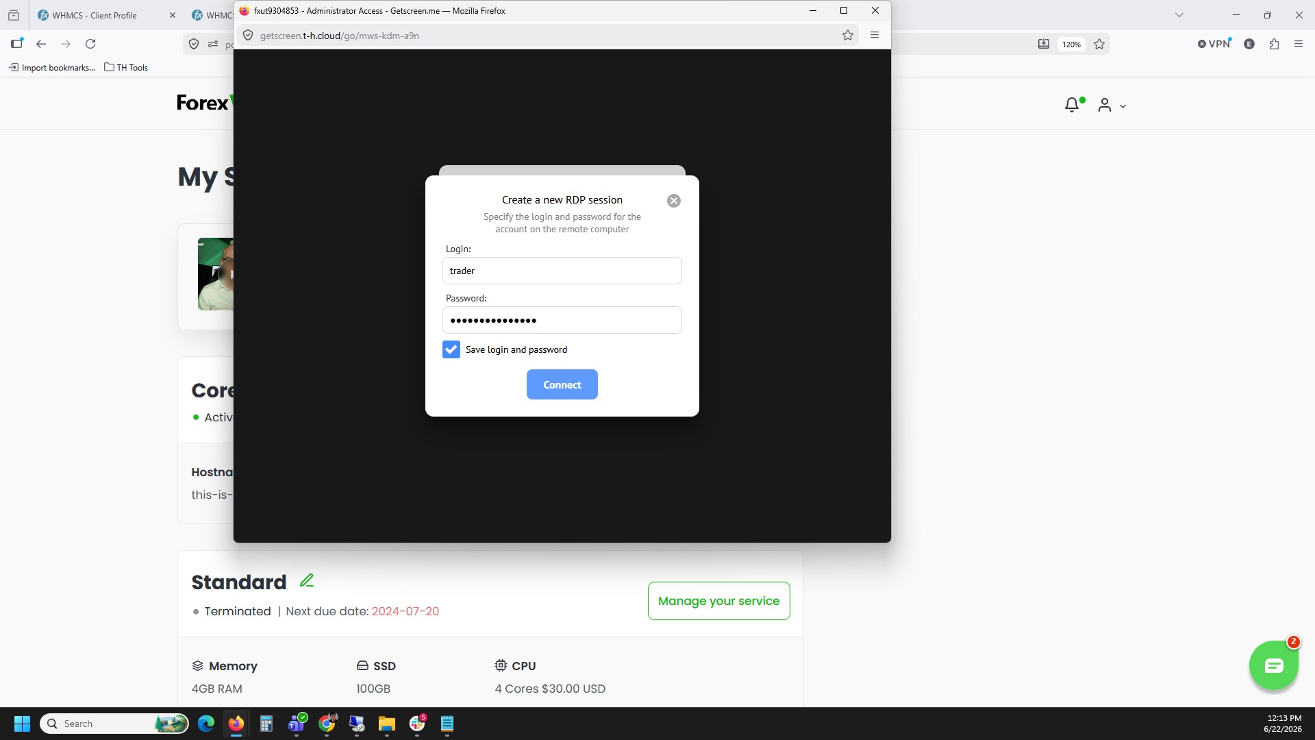 Create a new RDP session dialog with login and password fields