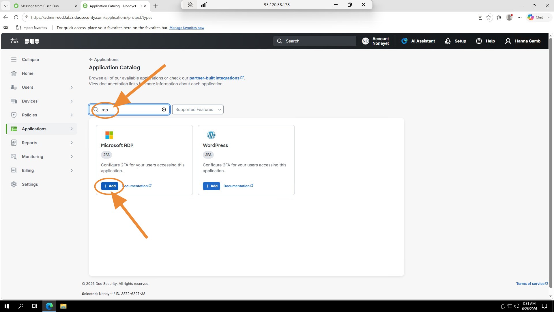 Duo Application Catalog with Microsoft RDP Add button highlighted
