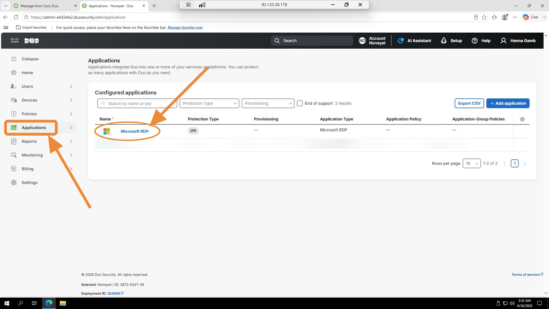 Duo Applications list with Microsoft RDP entry highlighted