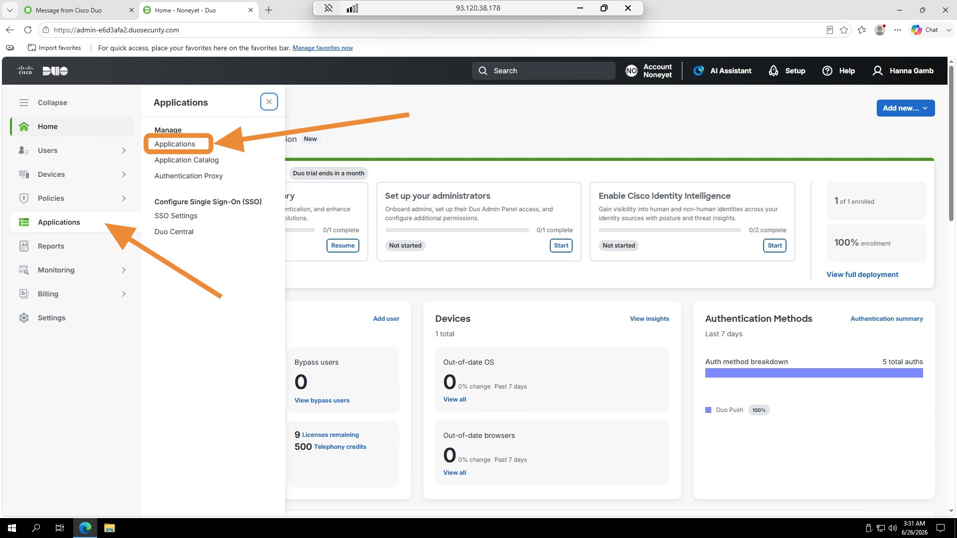 Duo Applications menu with Applications option highlighted