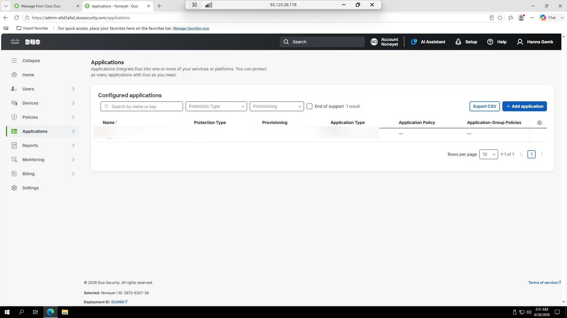 Duo Applications page with Add application button