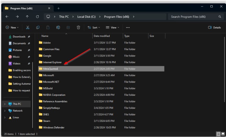 File Explorer with MetaTrader MetaQuotesE folder highlighted