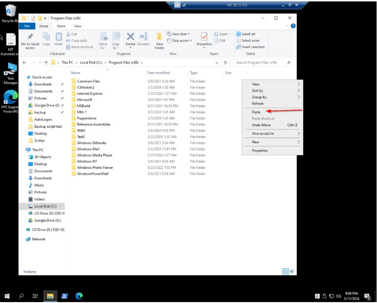 ForexVPS Program Files x86 folder with Paste option highlighted