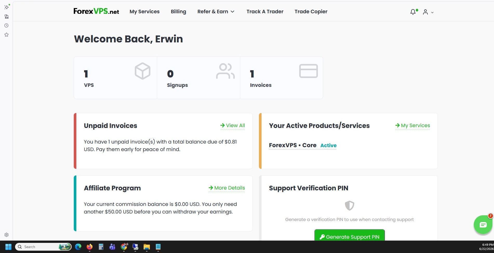 ForexVPS client area dashboard welcome screen