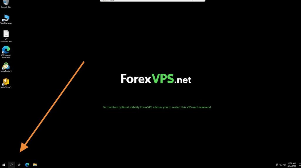 ForexVPS desktop with search menu icon highlighted