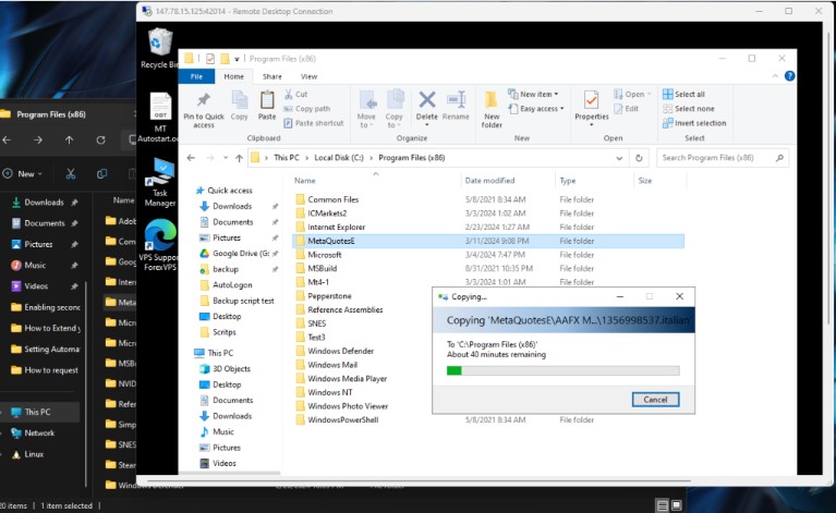 ForexVPS file copy progress dialog for MetaQuotesE folder