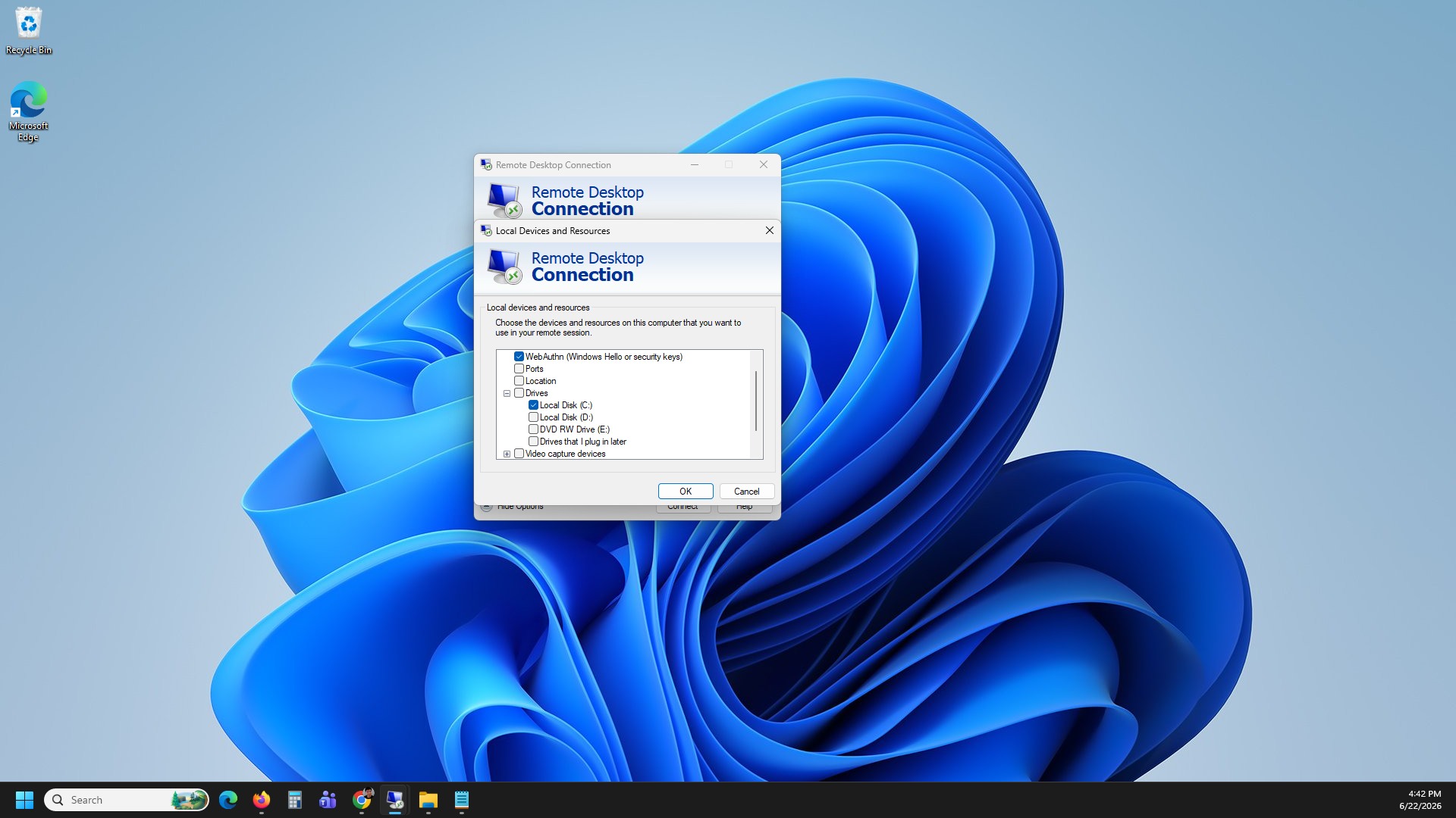 Local Devices and Resources dialog with Drives checkbox checked