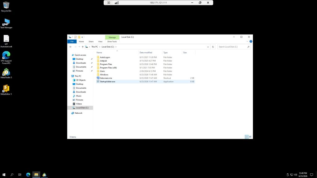 Local Disk C file list with StartupAdder.exe selected