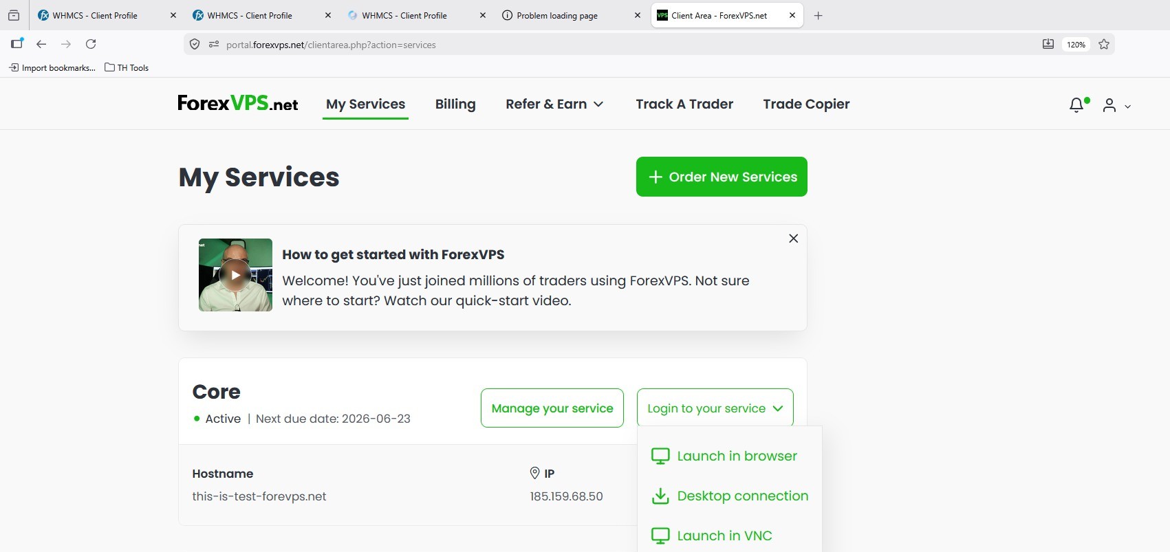 Login to your service dropdown with Launch in browser option