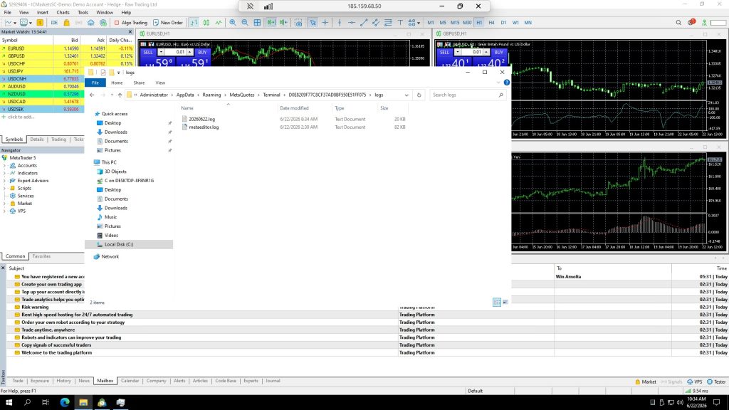 MT5 logs folder with terminal log files