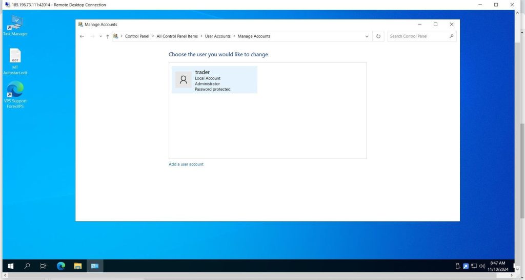 Manage Accounts window with trader account selected