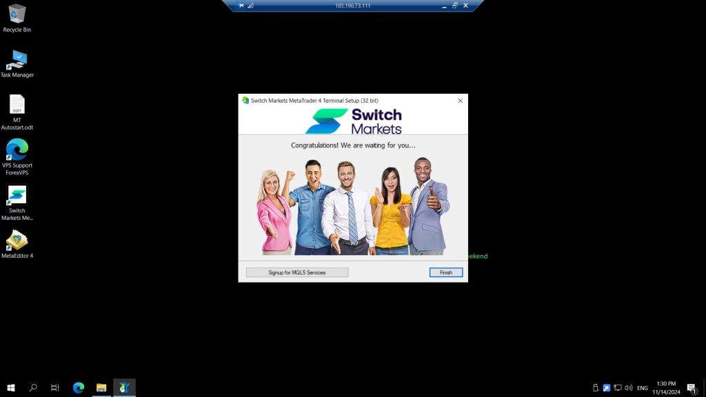 MetaTrader 4 installer congratulations screen with Finish button