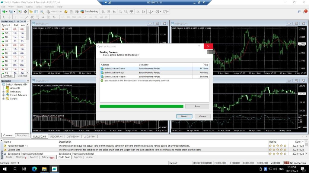 MetaTrader 4 platform open with Trading Servers login dialog