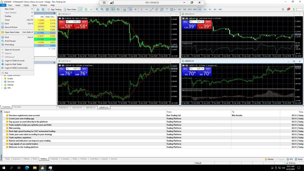 MetaTrader 5 File menu with Open Data Folder option