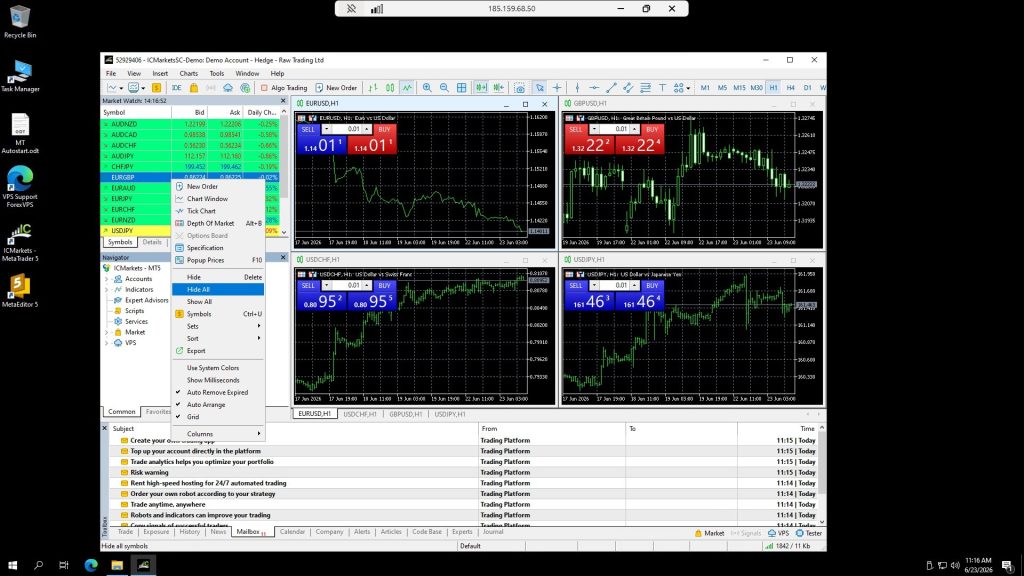 MetaTrader 5 Market Watch right-click menu with Hide All highlighted