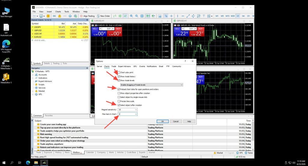MetaTrader 5 Options Charts tab with settings unchecked and Max bars set to 1