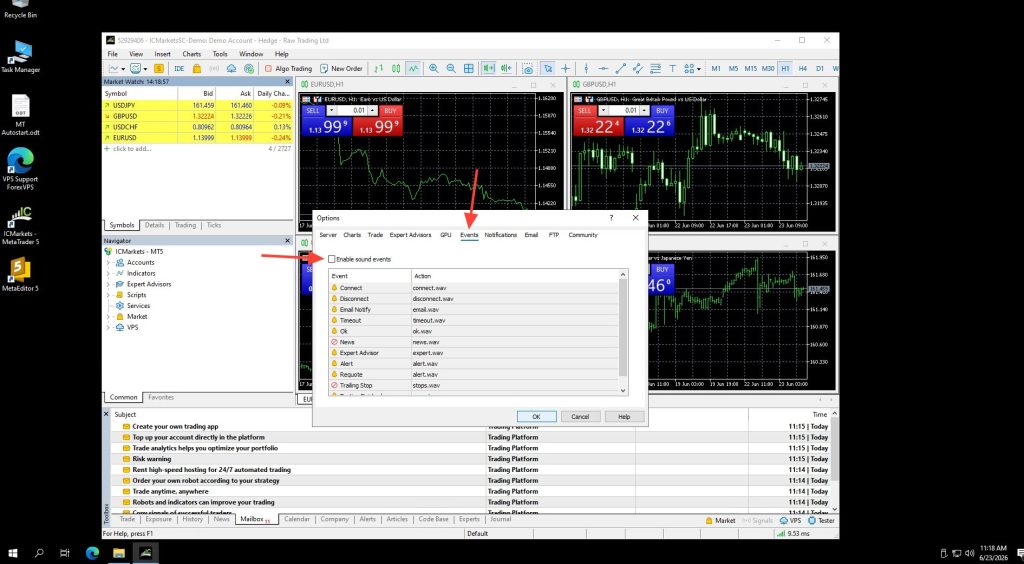 MetaTrader 5 Options Events tab with Enable sound events unchecked