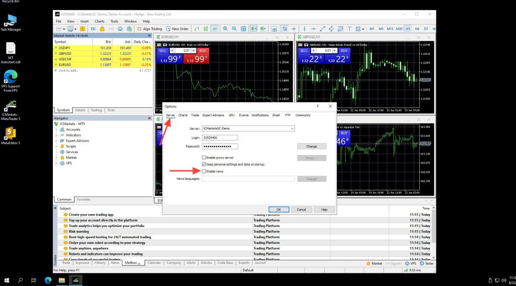MetaTrader 5 Options Server tab with Enable news unchecked