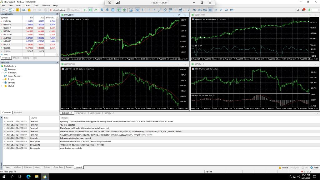 MetaTrader 5 platform open with multiple currency charts