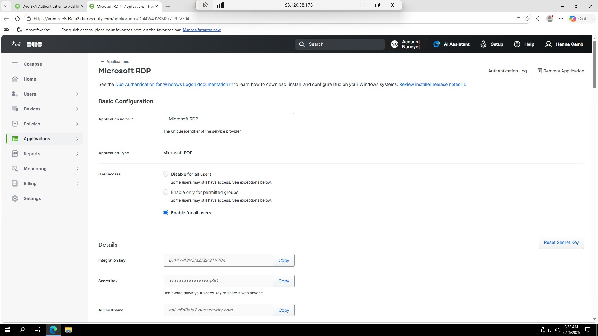 Microsoft RDP configuration page with Windows Logon documentation link