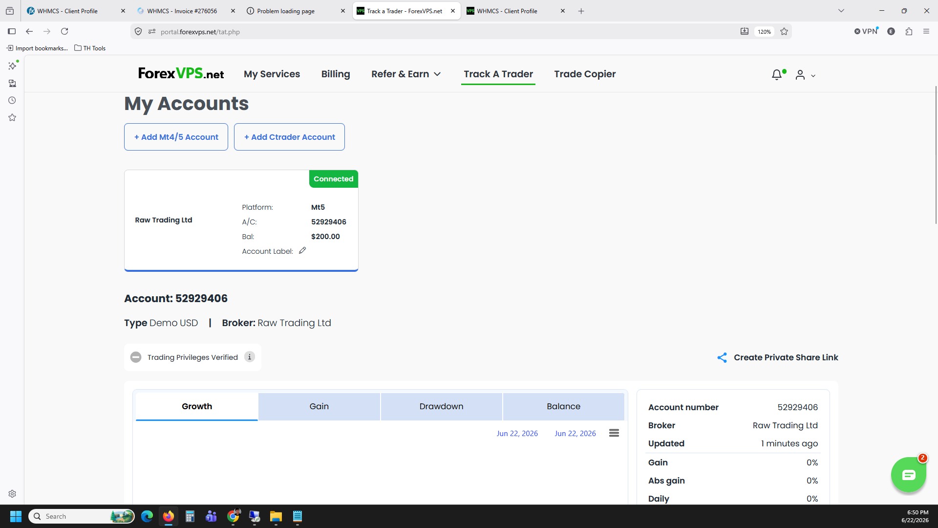 My Accounts page showing connected trading account with performance stats