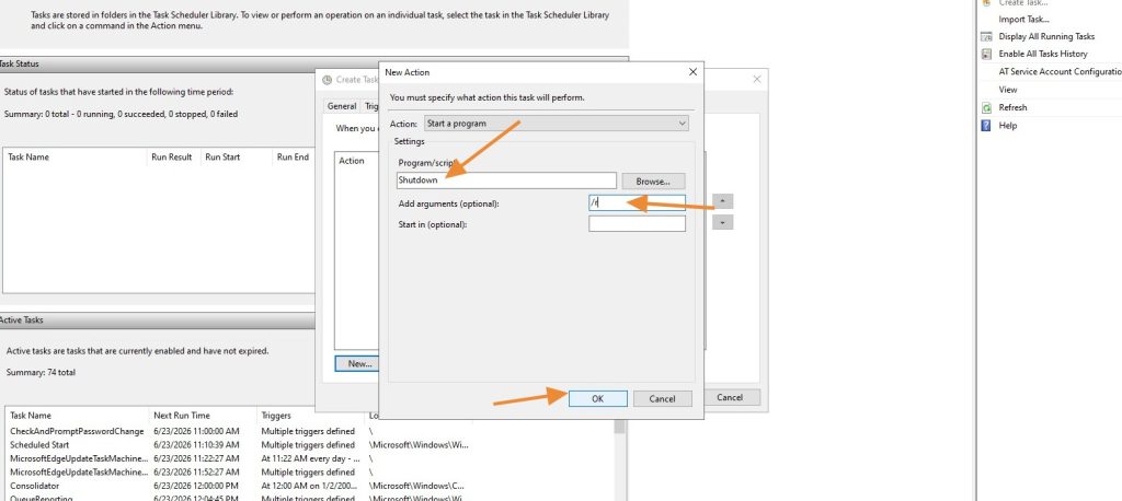 New Action dialog with Shutdown program and r argument entered