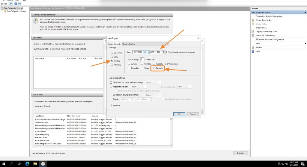 New Trigger dialog with Weekly recurrence and Saturday selected