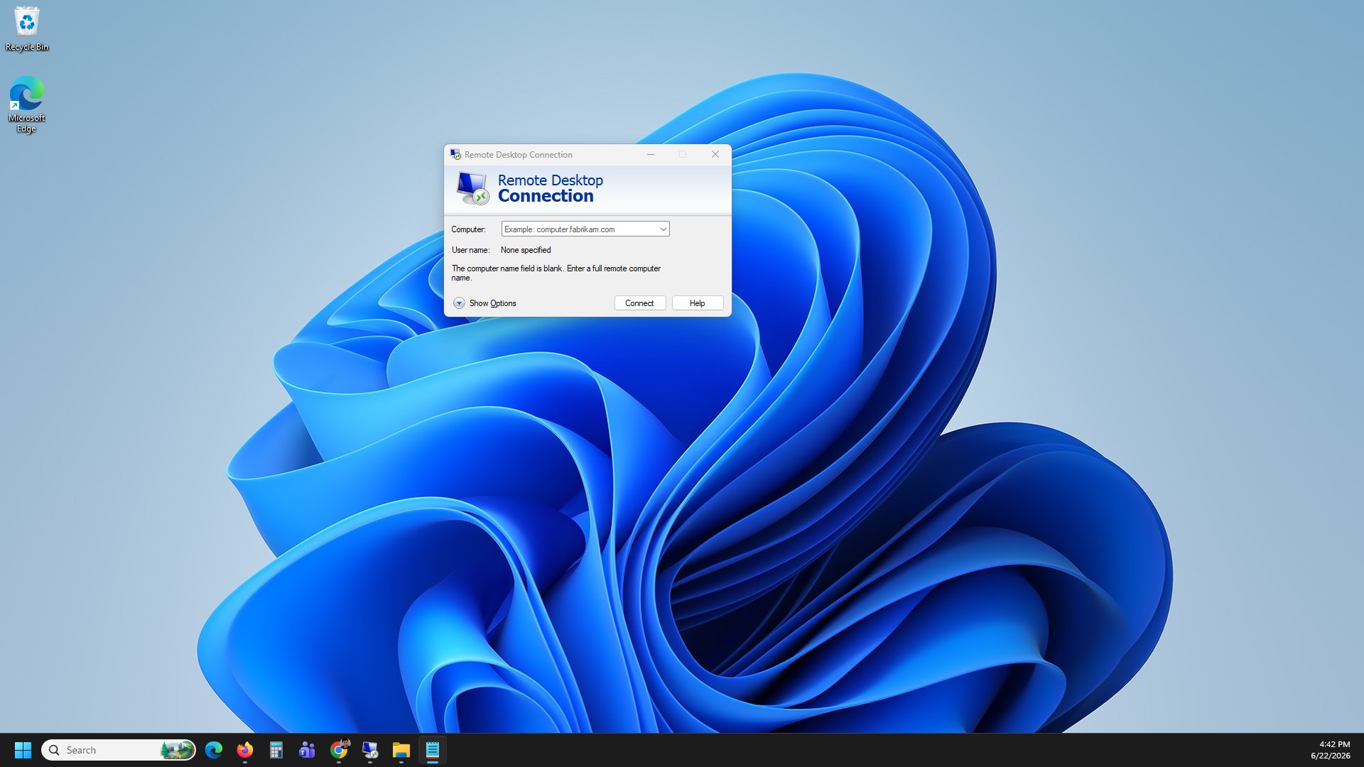 Remote Desktop Connection window with empty Computer field