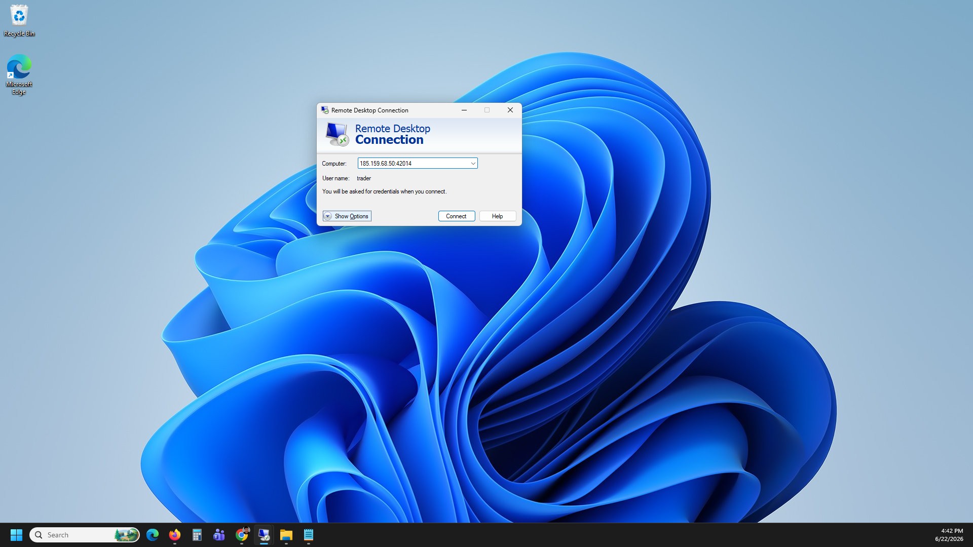 Remote Desktop Connection with Show Options link