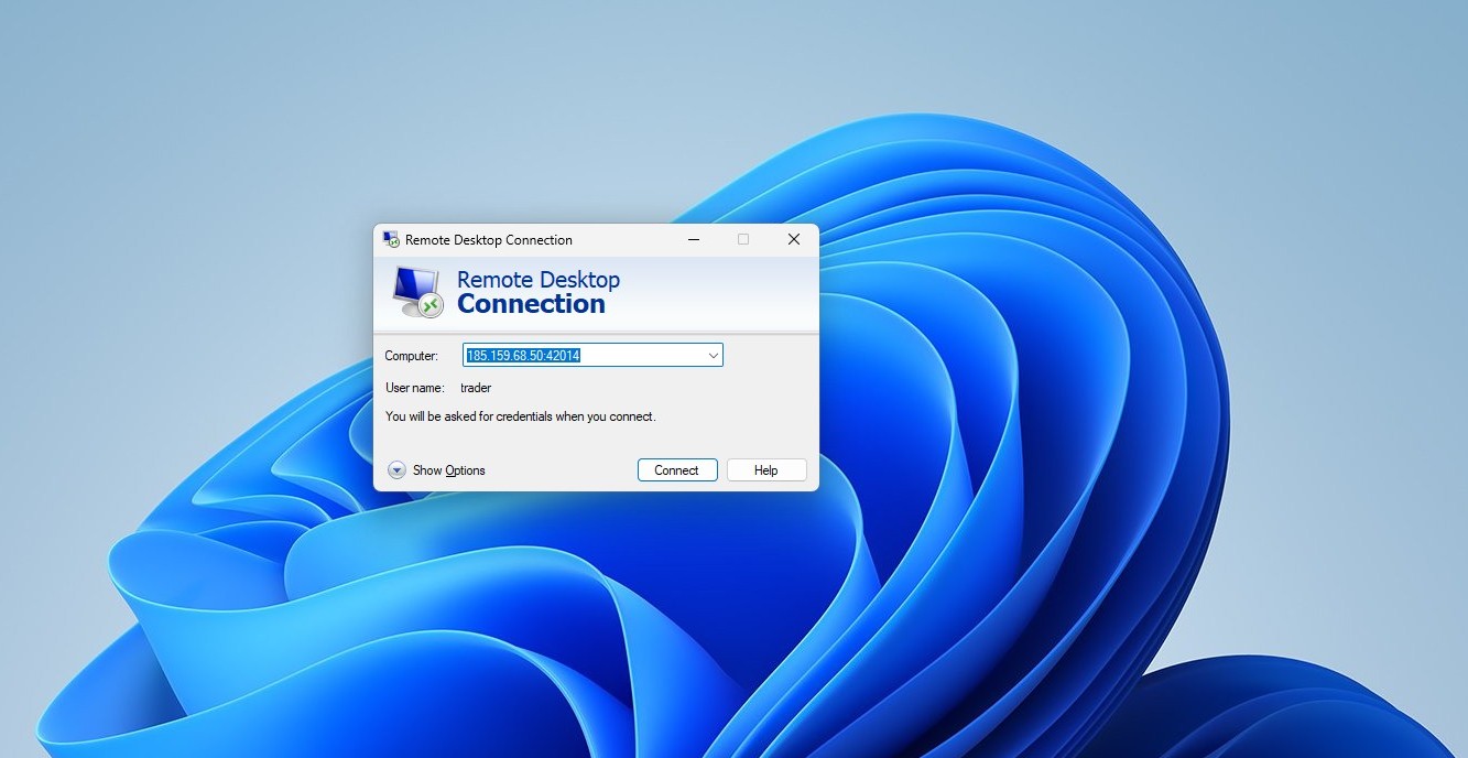 Remote Desktop Connection with VPS IP and port entered