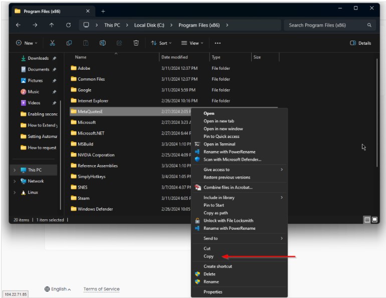 Right-click context menu with Copy option highlighted