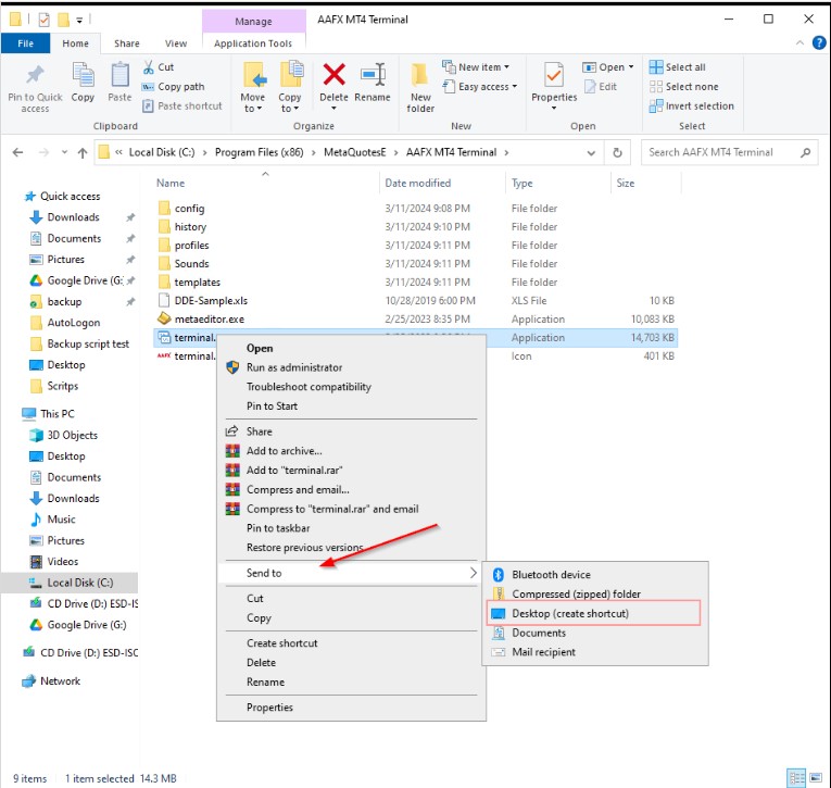Right-click menu with Send to Desktop create shortcut highlighted
