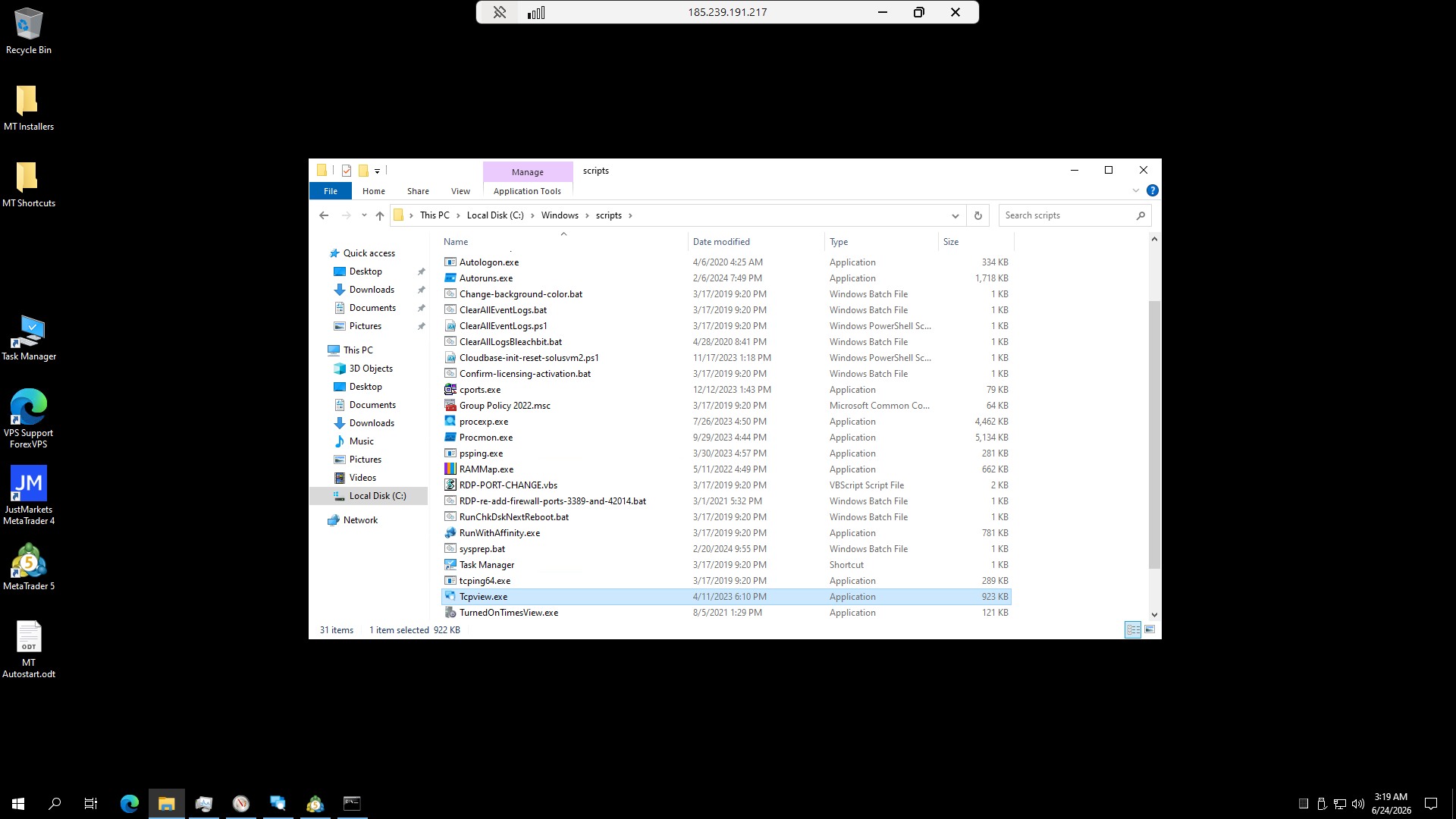 Scripts folder in File Explorer sorted with Tcpview.exe highlighted