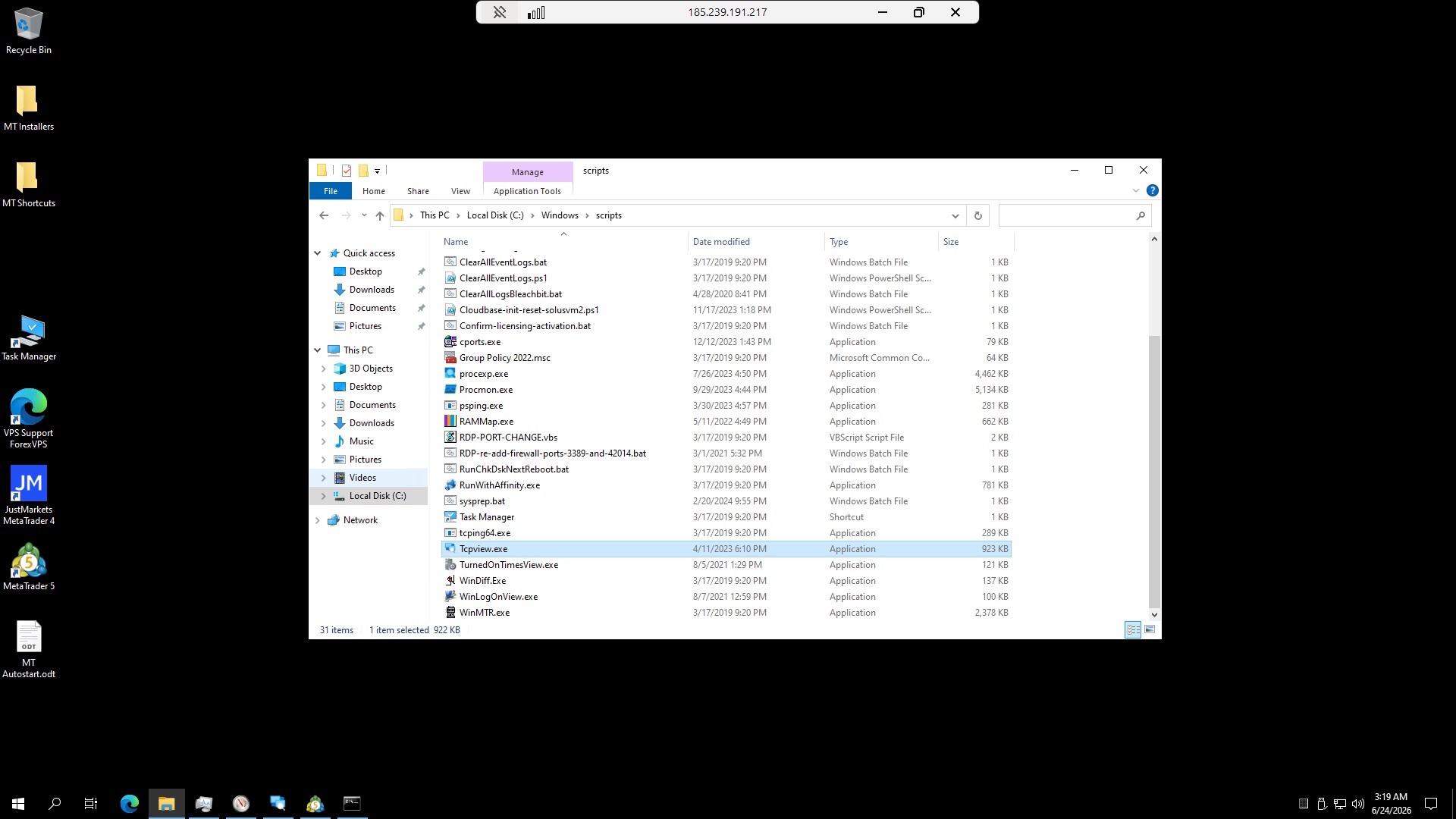 Scripts folder in File Explorer with Tcpview.exe visible