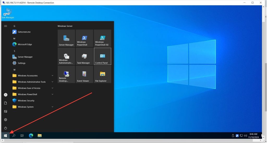 Start menu with Control Panel highlighted