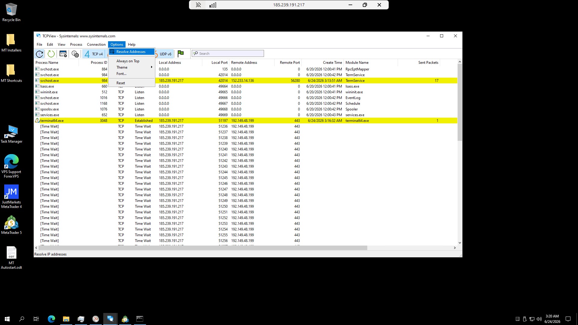 TCPView Options menu with Resolve Addresses highlighted