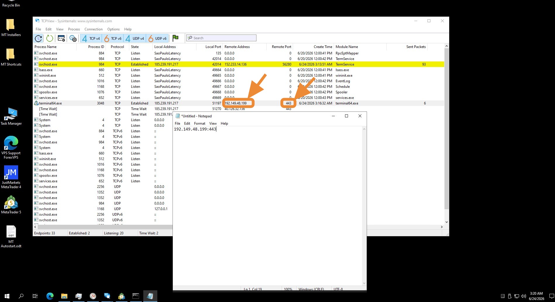 TCPView with terminal64.exe Remote Address and Port highlighted