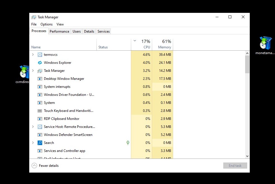 Task Manager Processes tab showing CPU and memory usage