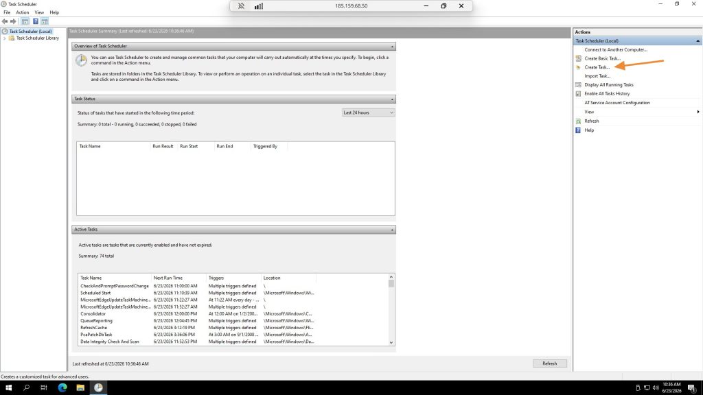 Task Scheduler window with Create Task action highlighted