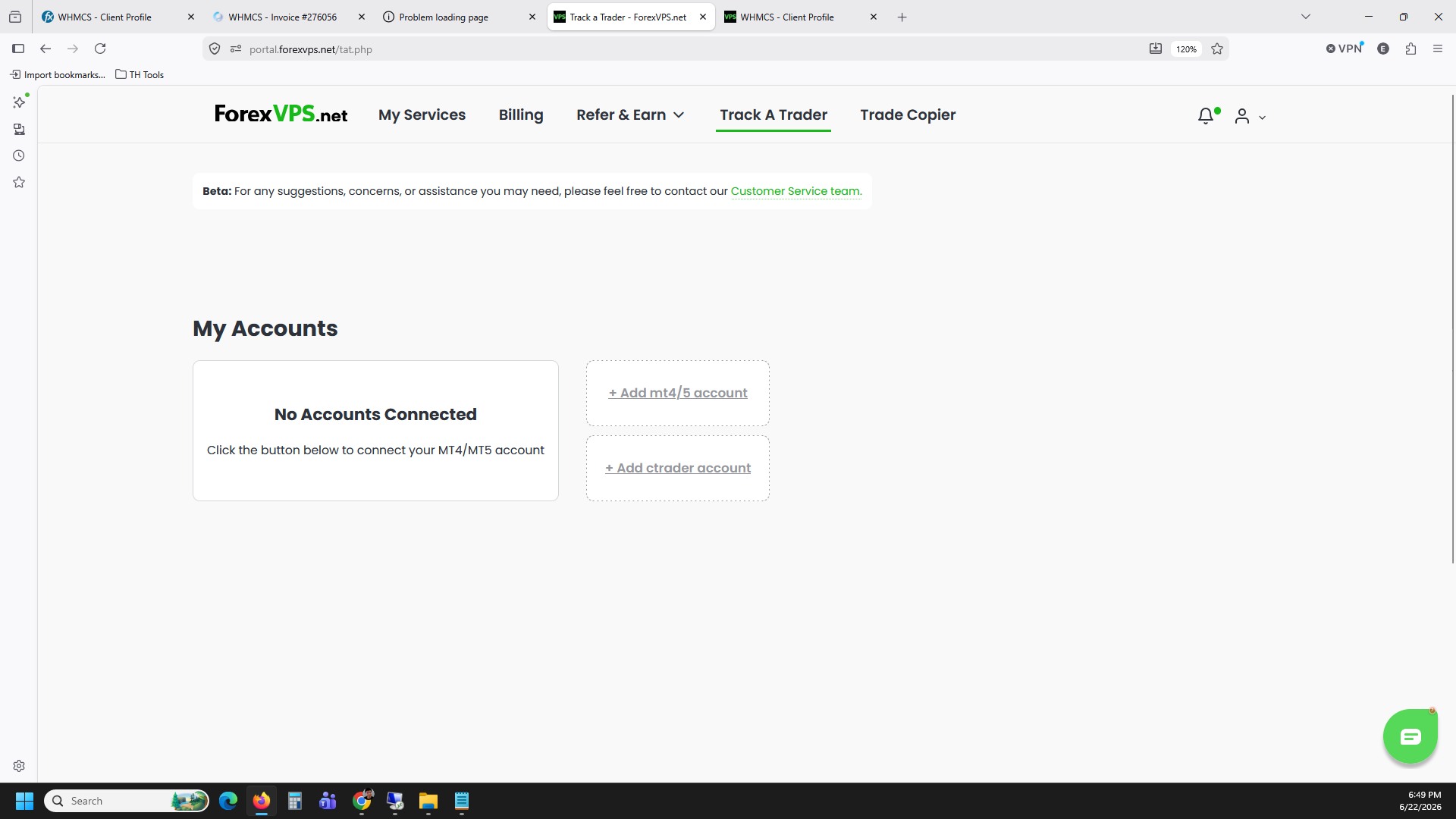 Track A Trader page with no accounts connected