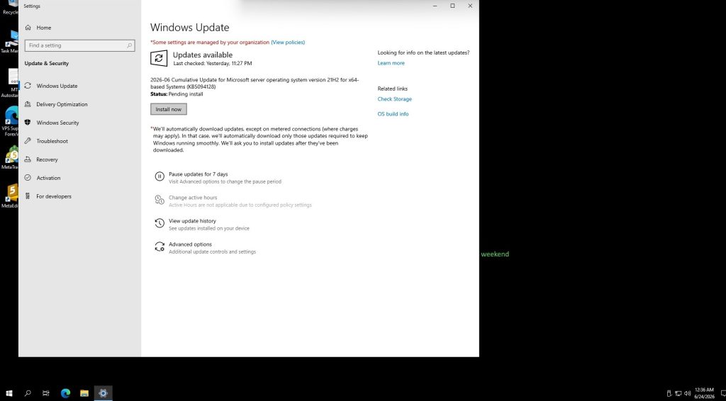 Windows Update settings page after clicking Install now