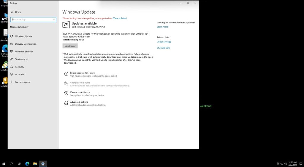 Windows Update settings page with Install now button