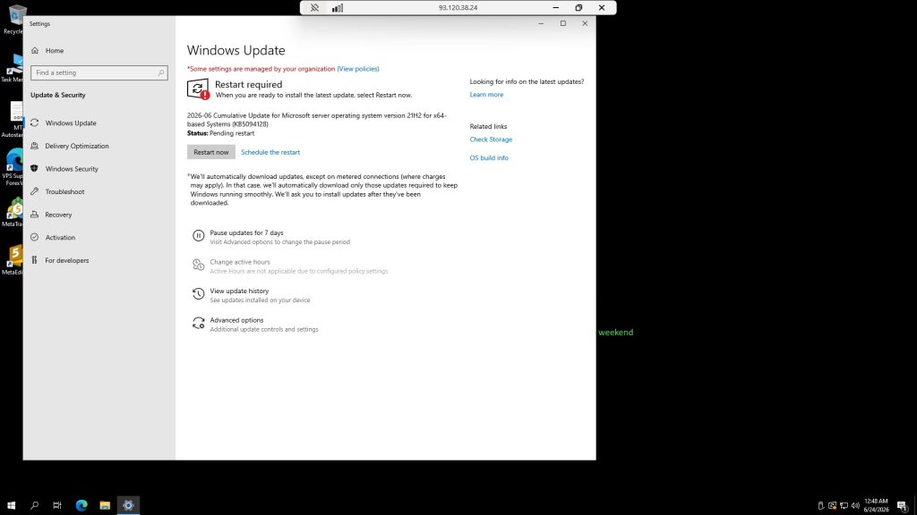 Windows Update settings page with Restart now button