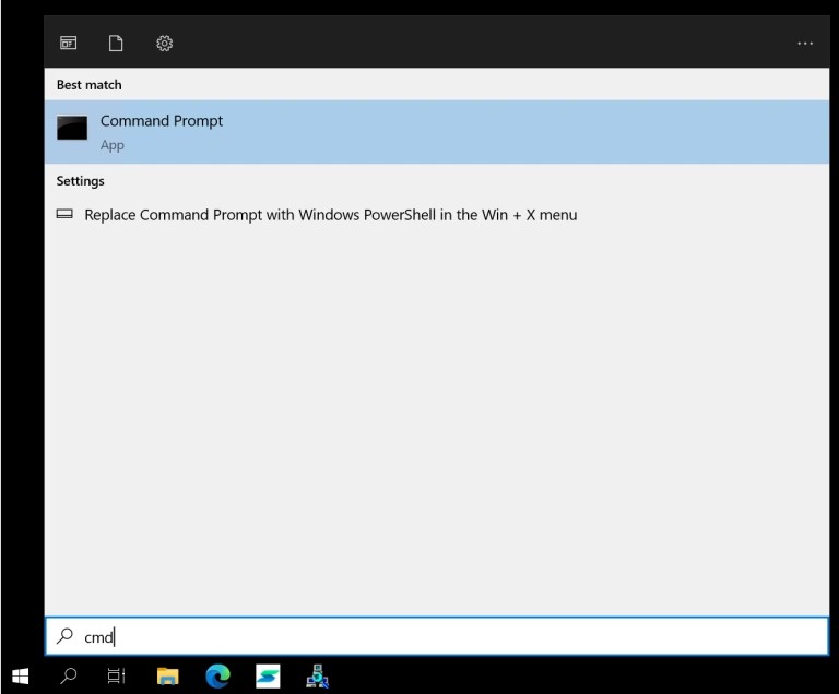 Windows search menu with Command Prompt result