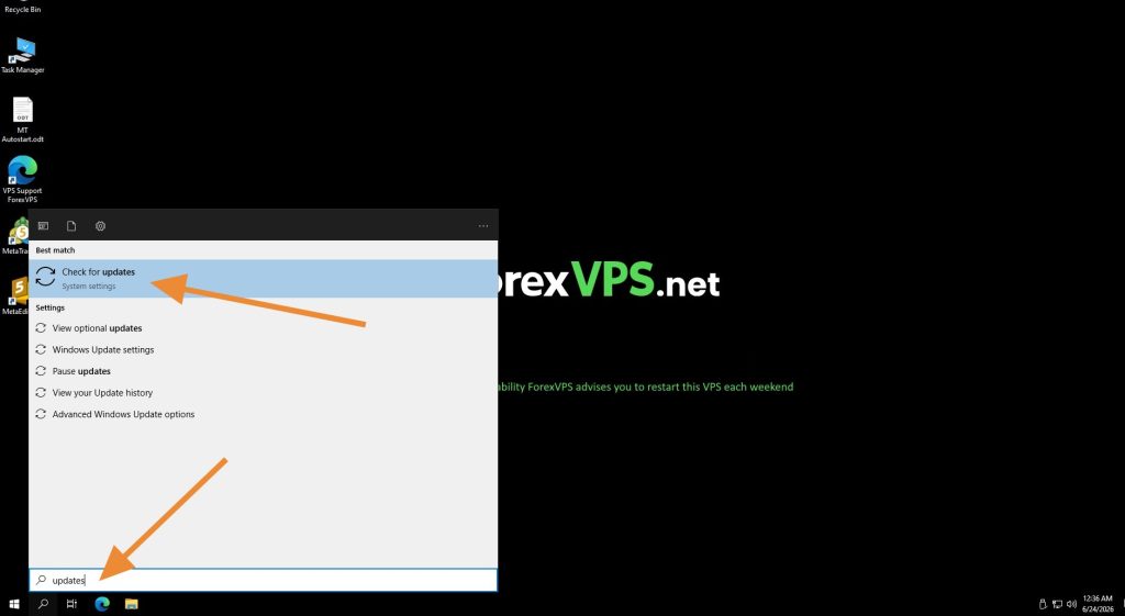 Windows search results for updates with Check for updates highlighted