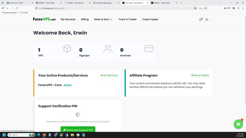 ForexVPS client dashboard with My Services link
