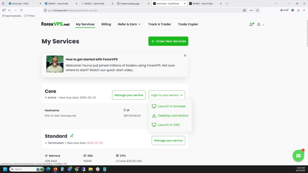 My Services page with Launch in VNC option in dropdown