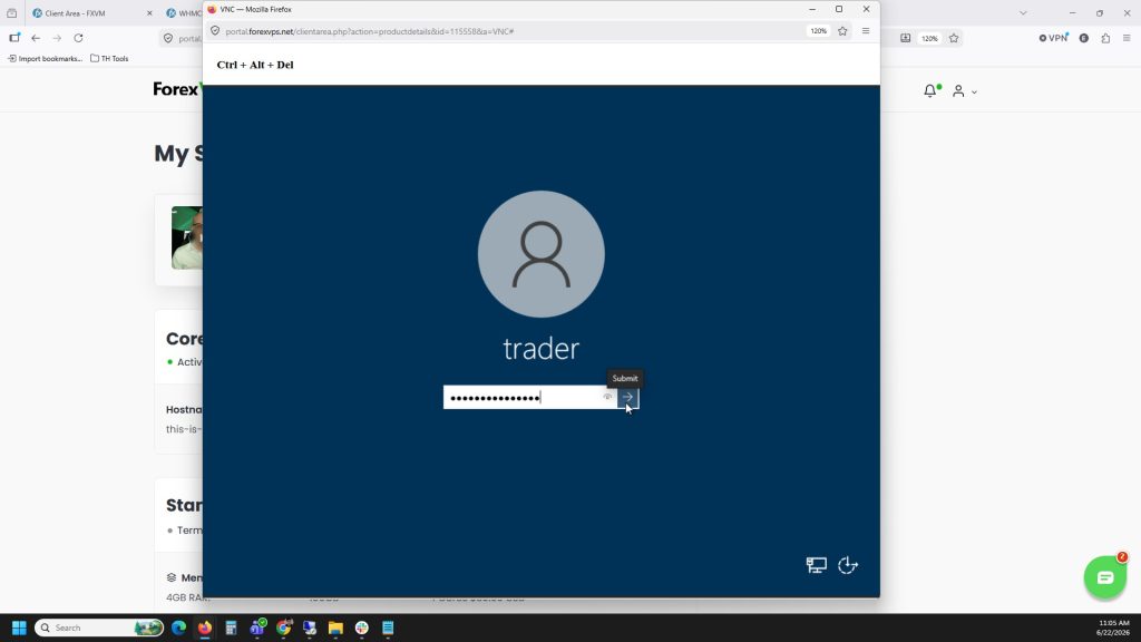 VNC login screen with password entered and Submit button highlighted
