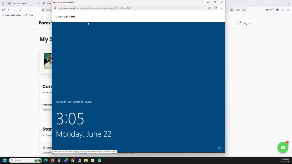 VNC session window with Ctrl Alt Del button and lock screen