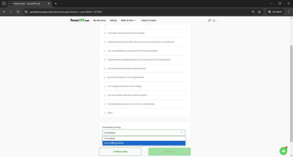 Cancellation Timing dropdown with Immediate and End of Billing Period options